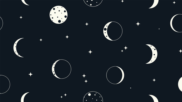 Seamless pattern featuring celestial moon phases and twinkling stars in cream color over a dark navy blue night sky background.