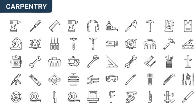 Carpentry tools line icon set with drill hammer saw ruler toolbox woodworking equipment outline vector construction symbols collection pack