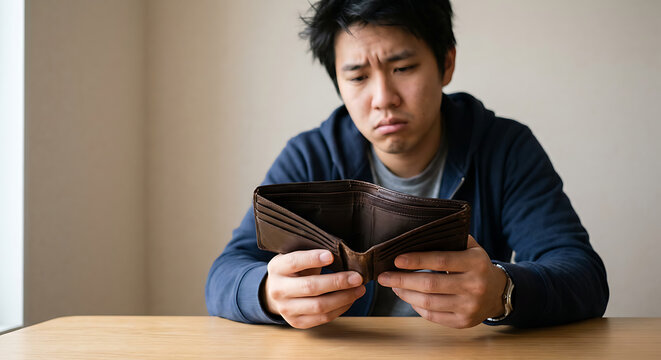 &ldquo;Asian Young Man Holding Empty Wallet &ndash; Financial Problem and Money Crisis Concept&rdquo;