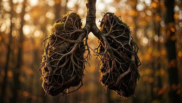 Forest Lungs Symbolizing Nature's Breath: A surreal artistic representation of lungs formed by tree branches and roots, merging the human body with the natural environment.