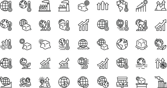 Climate change outline icon set including global warming temperature rise emissions pollution environment sustainability and ecological impact symbols