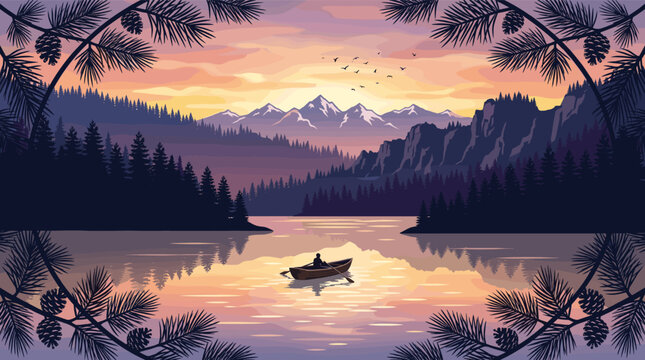 Vector illustration of a serene mountain lake at sunset. A lone person rows a boat on calm water, surrounded by a pine forest. Peaceful mood for travel or nature themes.