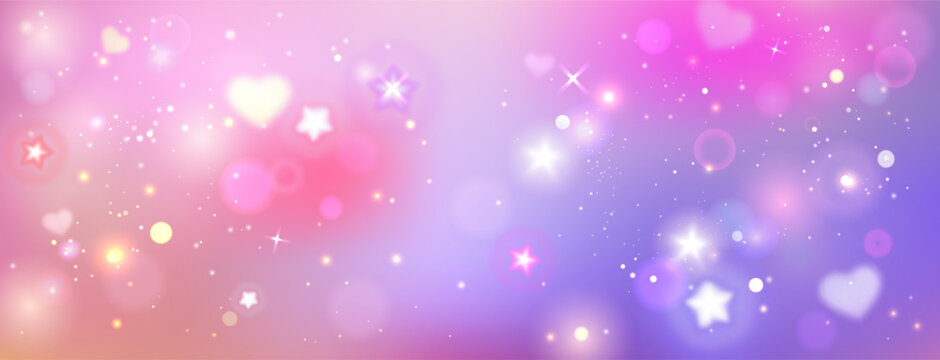 Unicorn rainbow background with pink gradient sky, and sparkle effects, abstract vector fairytale pattern. Magical dreamy blurred backdrop with glitter stars and glowing hearts, iridescent light