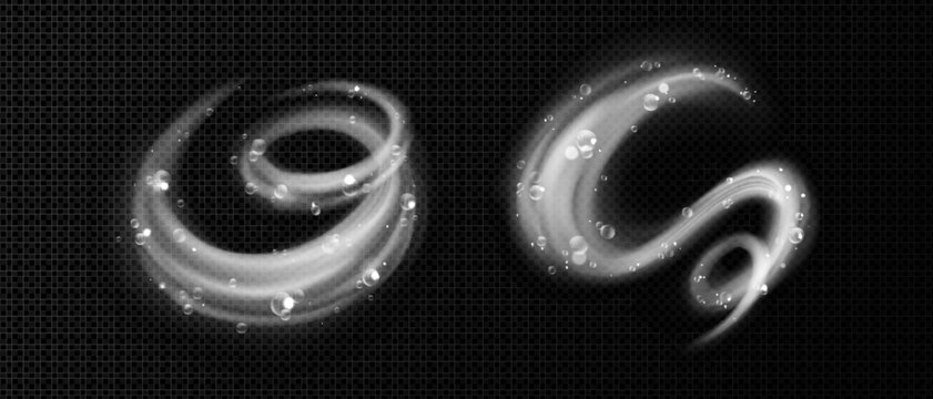 Dynamic water swirls with foam bubbles, fresh vortex effect, set of vector illustrations isolated on transparent background. Clean detergent wave with realistic 3D liquid motion