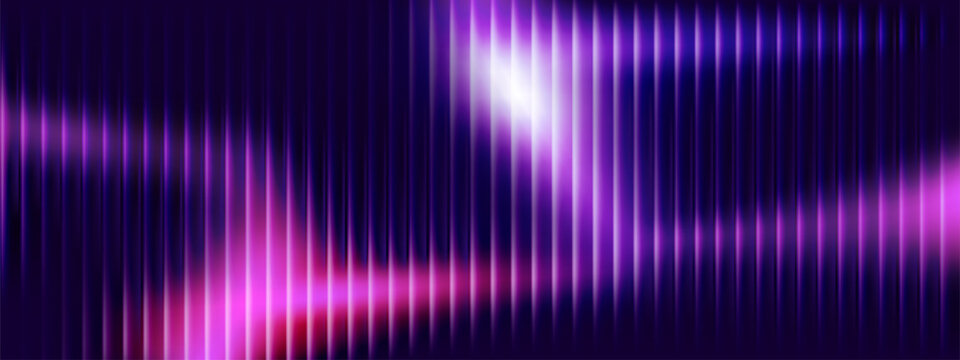 Glass fractal design with neon purple gradient and geometric stripes pattern. Vertical ribbed texture with prismatic light effect, abstract vector background. Fluorescent technological banner