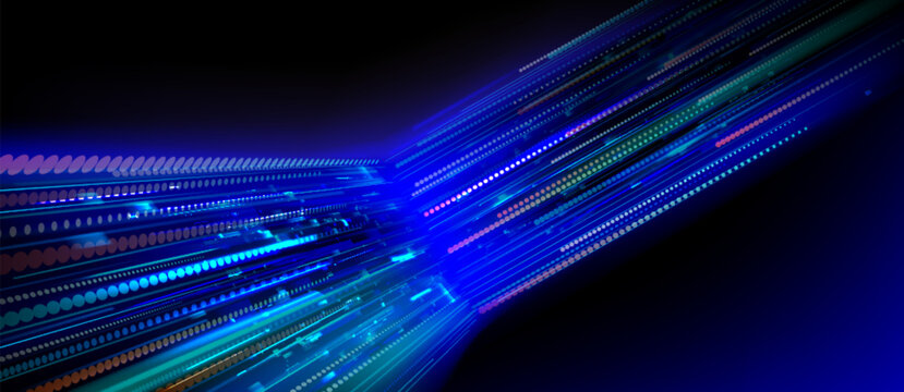 Speed data flow with neon blue lines and glowing particles, abstract vector background. Network dot pattern, digital tech presentations, futuristic cyber concept, information transfer