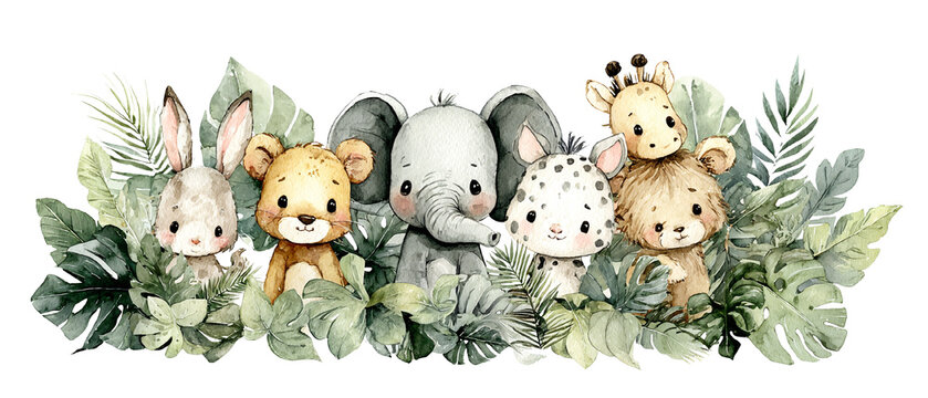 Adorable ilustraci&oacute;n acuarela de animales de la jungla como elefante, le&oacute;n, conejito y leopardo, rodeados de hojas tropicales, ideal para decoraci&oacute;n infantil.