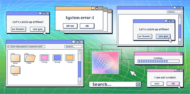 Retro system error message and old icons on computer screen. Vector illustration of Y2K warning window with critical alert, vintage UI elements, folders, search bar, classic desktop interface design
