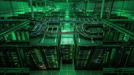 Fototapeta premium Futuristic data center server room with glowing green lights and high-tech infrastructure