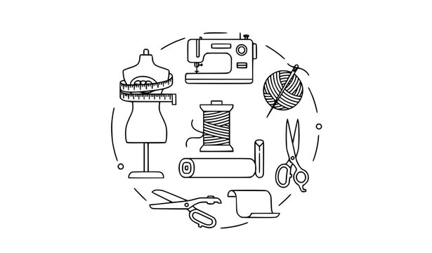 Sewing and fashion design outline icons with mannequin measuring tape and tailoring tools vector