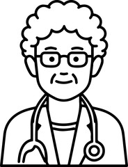 Obraz premium Hand Drawn Elderly Female Doctor Black and White Illustration in Minimal Line Art Style Design