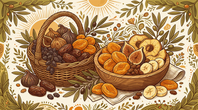 An artistic illustration of a still life with dried fruits like figs, dates, and apricots. A warm, rustic, and healthy design for food packaging or blogs.