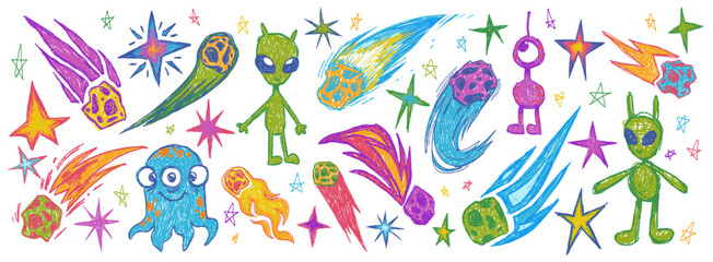 Hand drawn space doodles with crayon texture, cartoon vector illustration isolated on white background. Shooting comets, stars, and cute aliens for kids' cosmic projects and universe design © klyaksun