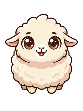 Adorable fluffy cartoon sheep, a cute and innocent farm animal illustration with big brown eyes and a gentle smile, perfect for children's designs
