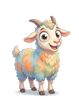 Adorable cartoon baby goat illustration with soft pastel colorful fur and a joyful expression, perfect for whimsical animal themes and children's content