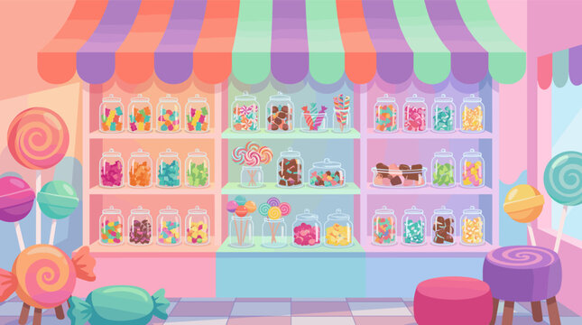 Vibrant vector illustration of a sweet shop interior. Shelves are filled with colorful candies in glass jars. Ideal for kids' designs, party backgrounds, or packaging.