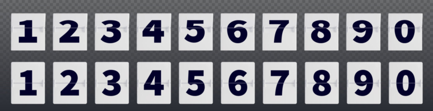 Mechanical flip clock numbers, countdown timer digits, 3d realistic vector illustration isolated on transparent background. White retro scoreboard panels showing time, classic airport style font