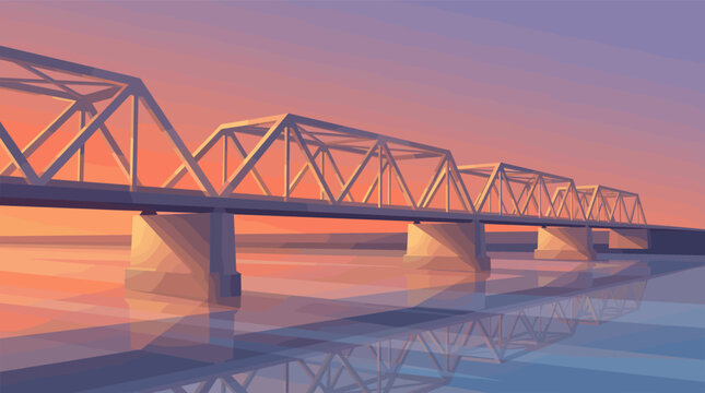 A stylized vector illustration of a truss bridge crossing a river at sunset. The calm water reflects the warm pink and orange sky. A peaceful and modern graphic.