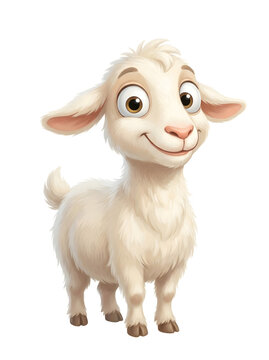 Charming cartoon illustration of a playful white goat standing and smiling, perfect for children's books and farm-themed designs