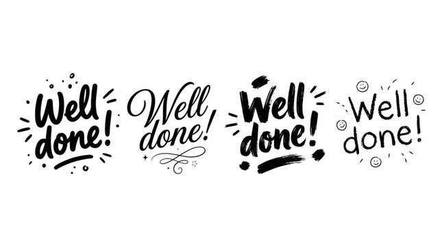 Well Done" Lettering Styles Collection Four Unique Hand-Drawn Typography Designs for Celebrating Achievement, Success, and Positive Feedback