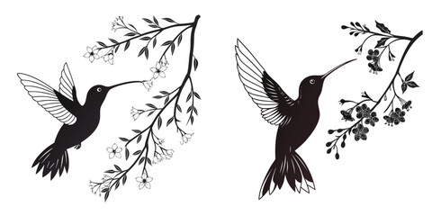 Fototapeta premium Black and white illustration of hummingbirds with flowering branches