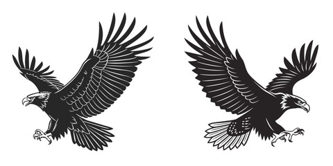 Fototapeta premium Two black and white illustrations of eagles in flight birds