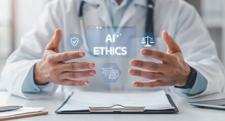 Obraz premium AI Healthcare Sustainability. Doctor presenting AI ethics concept with digital icons, emphasizing ethical considerations in artificial intelligence.