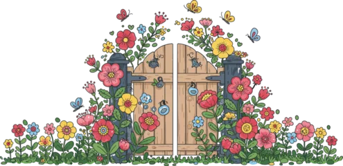 Glasschilderij Kinderkamer A cute cartoon illustration of a wooden house in a spring garden featuring a floral design with colorful blossoms, green grass, a tree, and a butterfly flying near a bird  © silveya