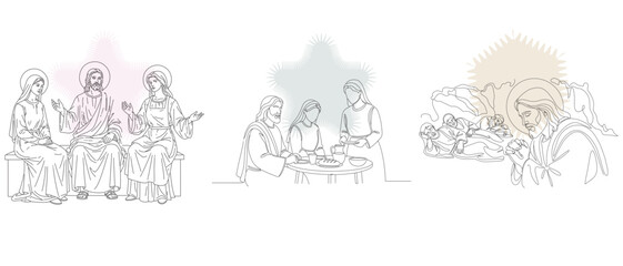 Obraz premium Biblical Scenes Illustration: Jesus with Disciples, Last Supper, and Healing - Line Art Style