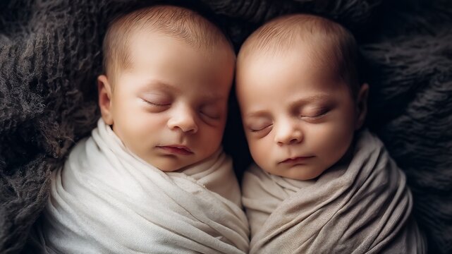Two adorable newborn babies, twins peacefully sleeping while wrapped in soft neutral fabric blankets resting side by side in a cozy bed during their first photoshoot in the home, portrait