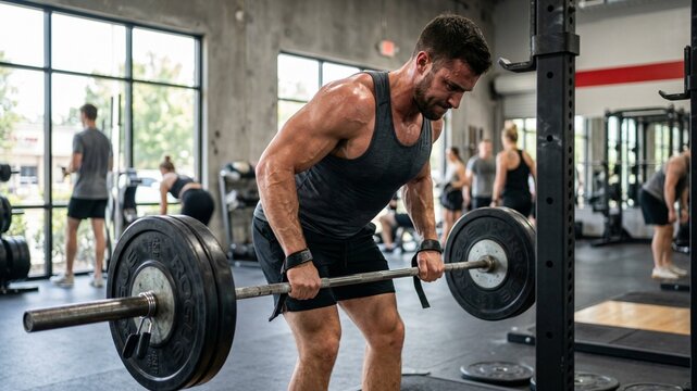 Muscular man performing bent over barbell row exercise in a modern gym setting.