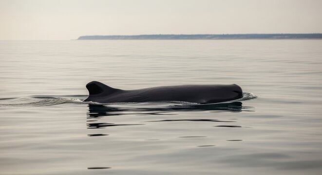 Pygmy Sperm Whale Surfaces in Calm Ocean Waters Showing Distinct Fin and Head