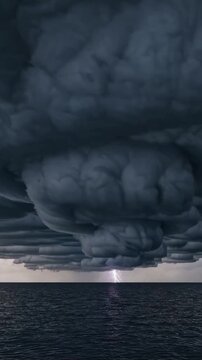 Impending storm over turbulent ocean at sunset. Majestic thunderstorm with striking lightning above restless sea. Vast storm clouds gather over churning waters as lightning illuminates horizon