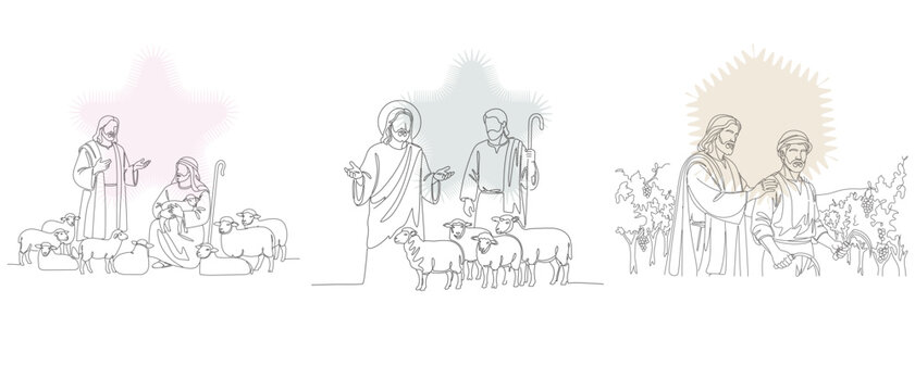 Line art illustration depicting biblical scenes of shepherds tending to their flocks, representing faith, guidance, and pastoral life.