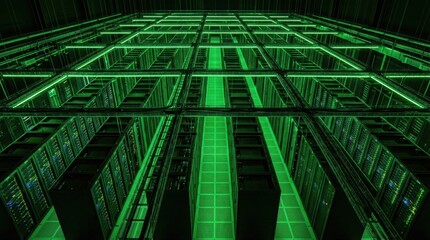 Naklejka premium Futuristic data center server room with glowing green neon lights and high-tech infrastructure