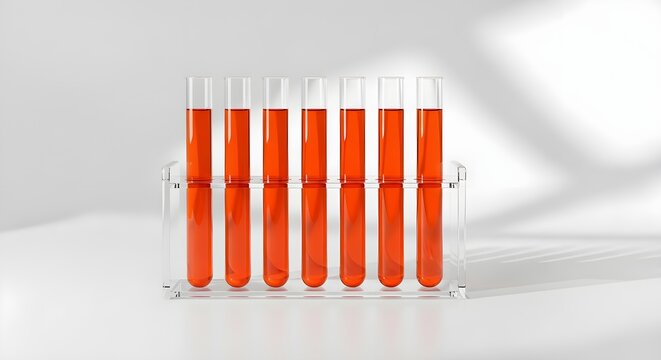 Seven clear glass test tubes filled with vibrant red liquid sit in a transparent plastic rack on a clean white surface representing professional scientific research and clinical  aboratory analysis te