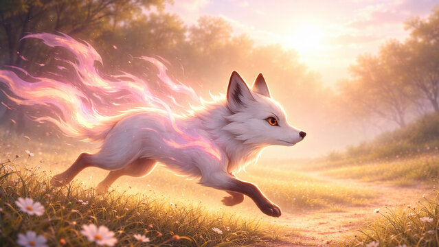 Ethereal White Spirit Fox with Glowing Pink Aura Running in Bright Flower Meadow under Morning Sunlight, Magical Fantasy Creature Digital Illustration for Background and Wall Art.