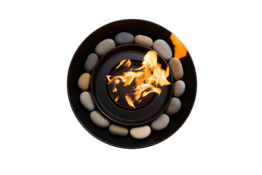Top view of a fire pit with stones and flames burning  outdoor decorative element transparent background