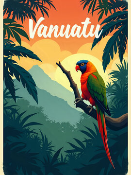 A colorful parrot is perched on a branch in Vanuatu. The scene shows a sunset with a bright sky and mountains in the background. Tropical plants surround the parrot, adding to the setting.