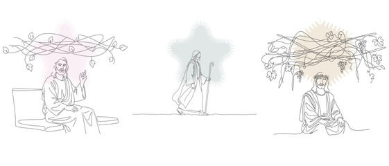 Obraz premium Line art illustrations depicting biblical scenes with figures of Jesus, showcasing faith, spirituality, and religious storytelling in a minimalist style.