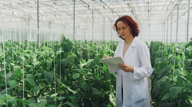Scientist carefully observes and documents pepper plant progress in greenhouse. Researcher systematically records pepper plant heights and leaf numbers within controlled greenhouse environment