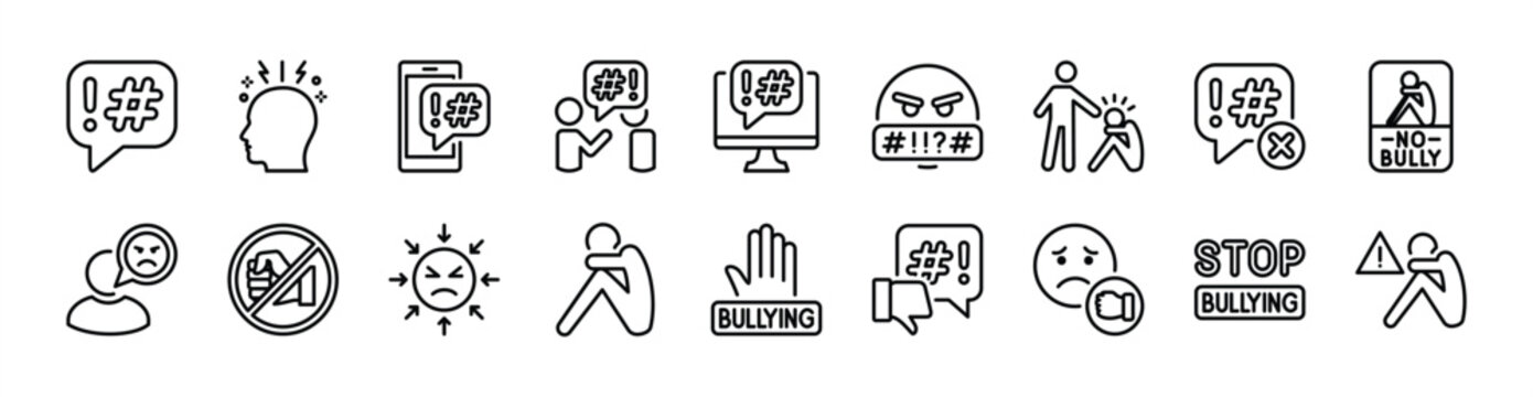 Global problem issue thin line icon set. Contains cyber bullying, social issues, crime, depression, racism, abuse, victim, stop, brainstorm, violence, conflict, anger, anxiety, discrimination - vector