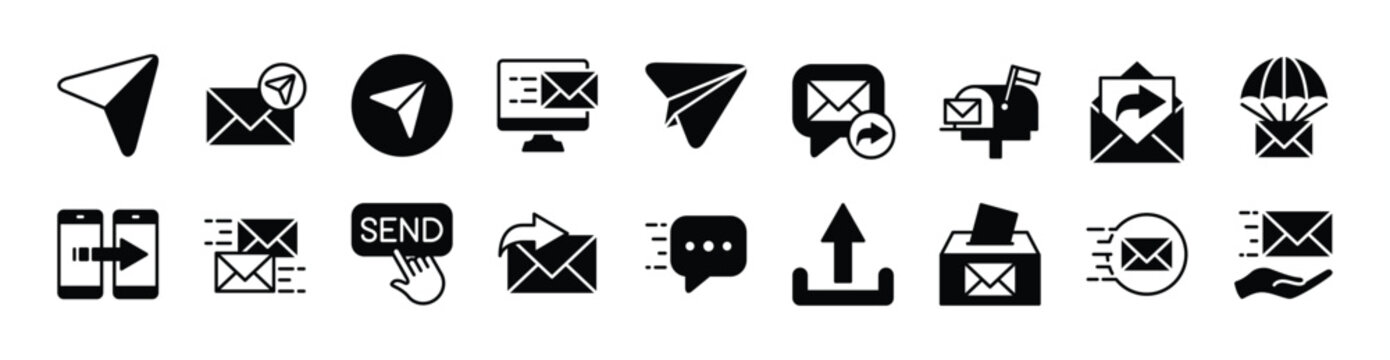 Send message icon vector set. Contains electronic mail, mailbox, newsletter, transfer, reply, share arrow, upload, letter box, continue, forward button, paper plane for social media  - illustration