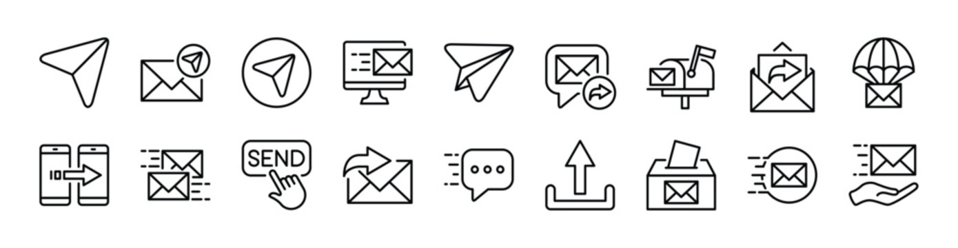 Send message icon set. Contains electronic mail, mailbox, newsletter, transfer, reply, share arrow, upload, letter box, continue, forward button, paper plane for social media  - vector illustration