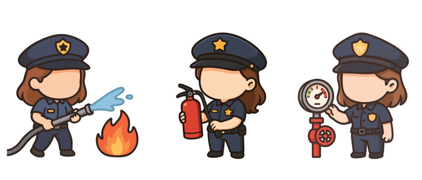 Female firefighter characters using fire safety equipment cartoon