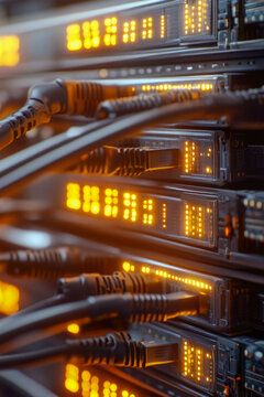 Wires connected to a server rack with various components and cables