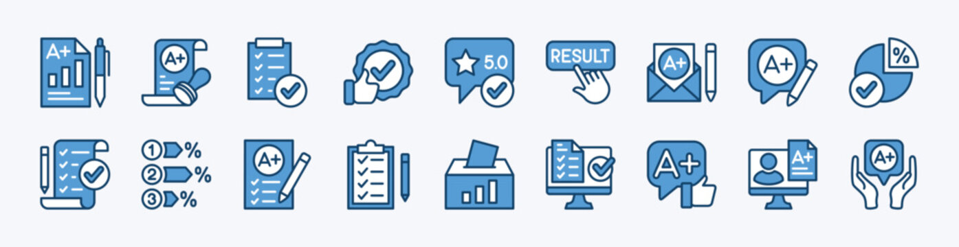 Set of result icon. Contains checkmark, value, mark, grade, percentage, positive for approval, verify, feedback button, online certify, quality, certification, license, best reward - vector
