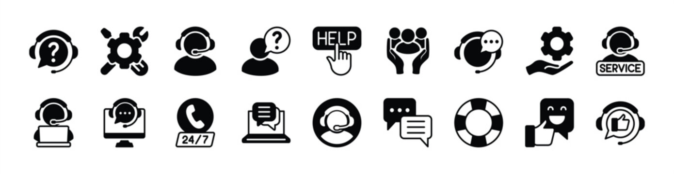 Customer service, support and help icon vector set. Contains assistance, operator, technical question, lifebuoy, maintenance, repair, care, call, response, satisfaction, online - illustration