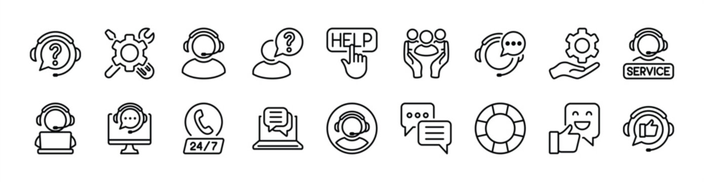 Customer service, support and help thin line icon set. Contains assistance, operator, technical question, lifebuoy, maintenance, repair, care, call, response, satisfaction, online - illustration