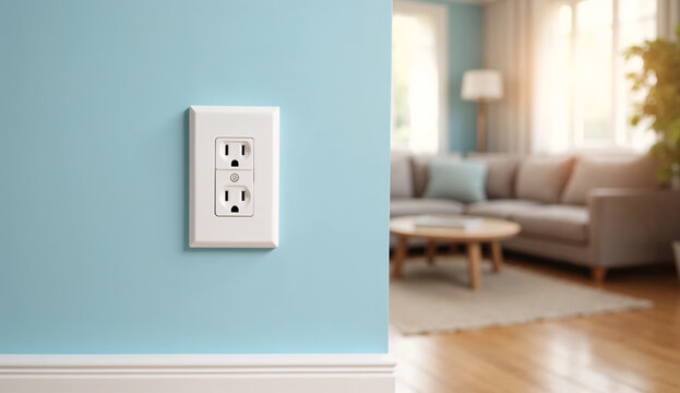 Close up of double outlets on a light blue wall with a living room interior in the background.